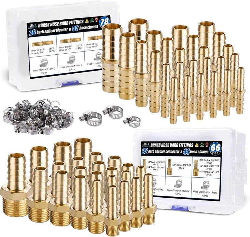 Ailbiuko 48PCS Brass Hose Barb Fittings,Barb Splicer Mender 3/16" 1/4" 5/16" 3/8" 1/2" 5/8" and Male Thread Adapter 3/8" Barbed to 1/4" NPT, 1/4" Barbed to 1/4" NPT Male with 96Pcs Pipe Hose Clamps - Image 1
